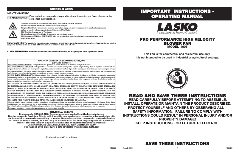 Page 1 de la notice Manuel utilisateur Lasko 4905