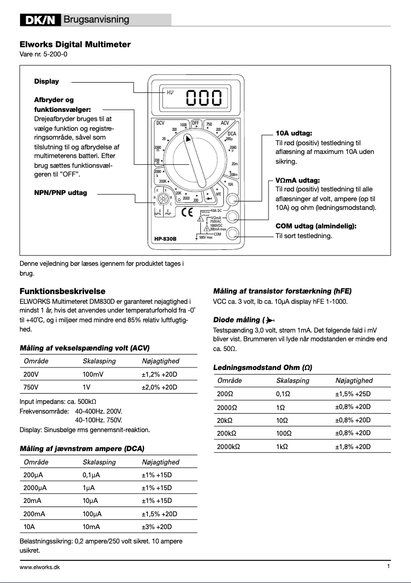 Page 1 de la notice Manuel utilisateur Elworks HP-830B