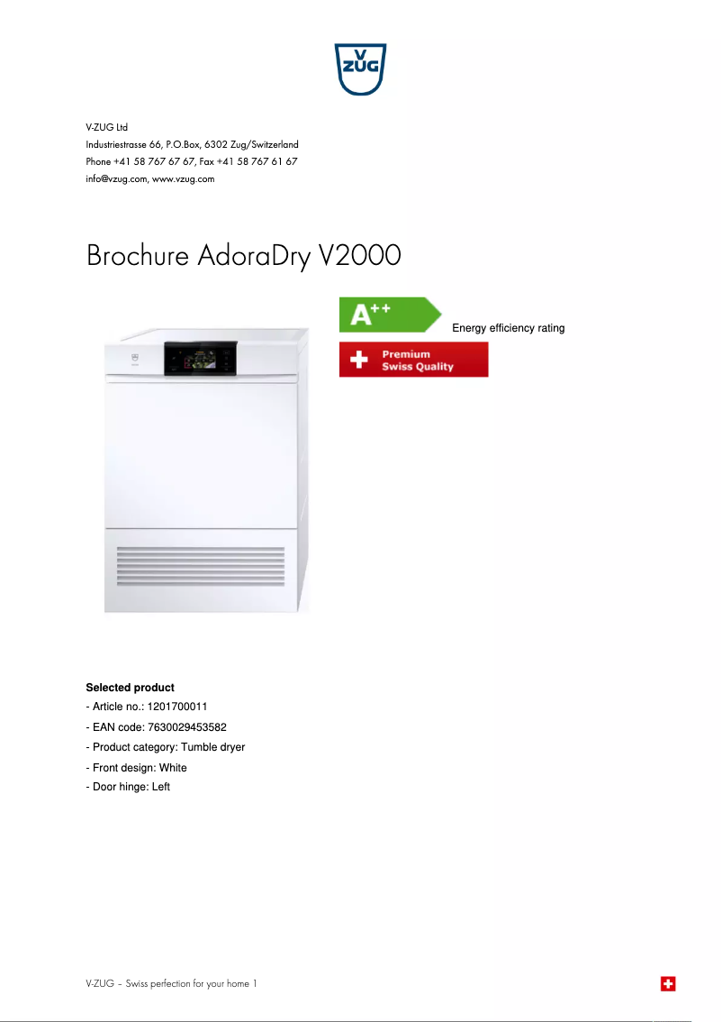 Page 1 de la notice Brochure V-Zug AdoraDry V2000