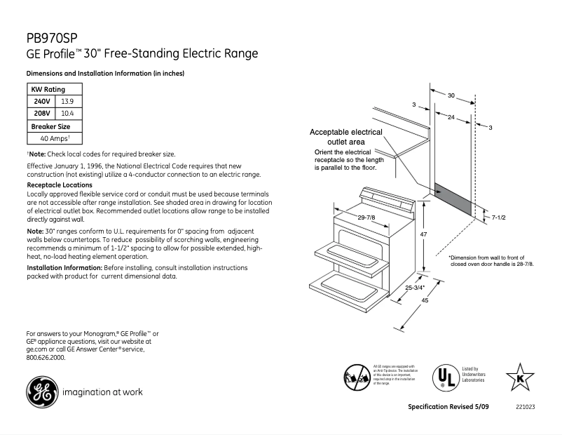 Page n°1 - Fiche technique GE Profile PB970SPSS