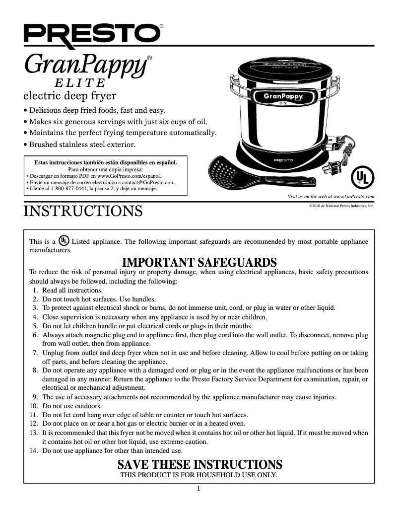 Page 1 de la notice Manuel utilisateur Presto GranPappy Elite