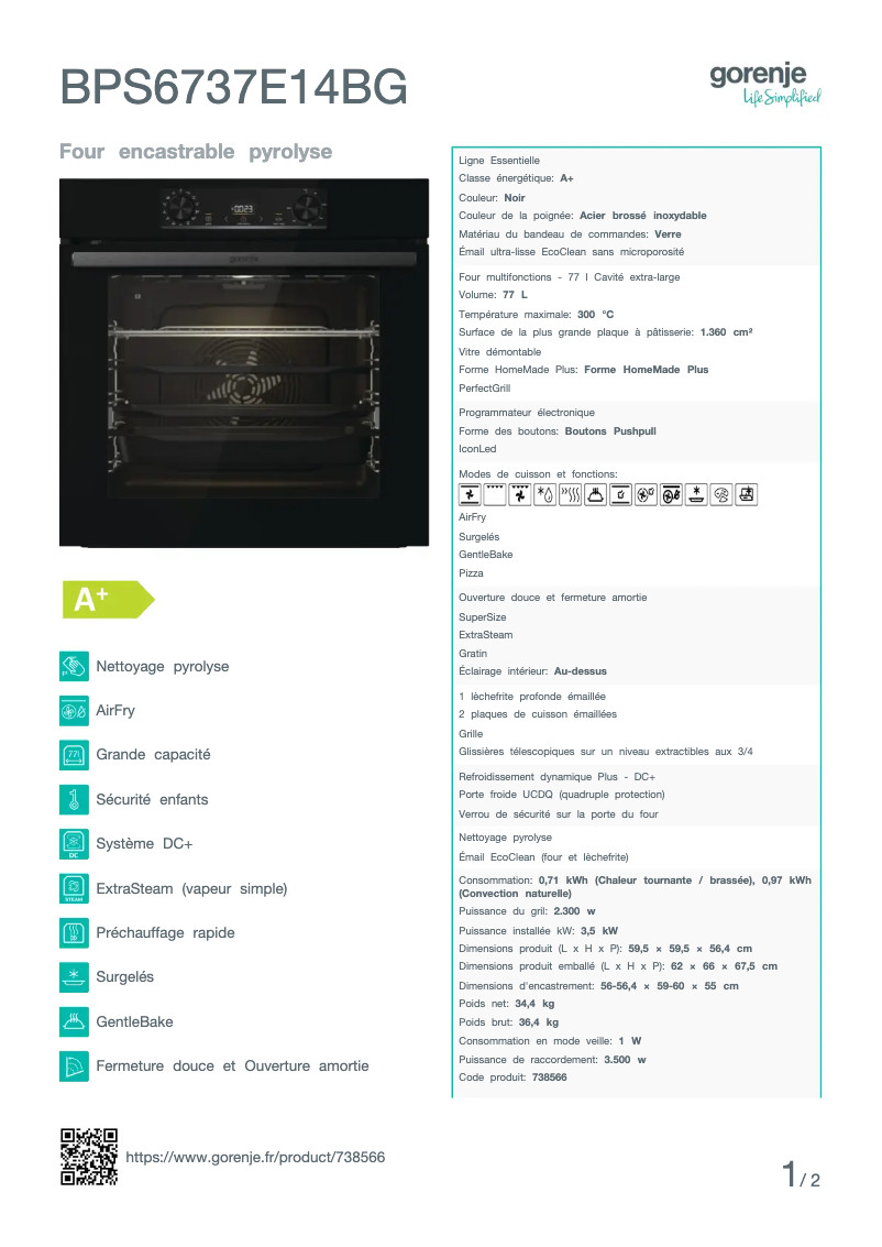 Página 1 del manual Ficha técnica Gorenje BPS6737E14BG