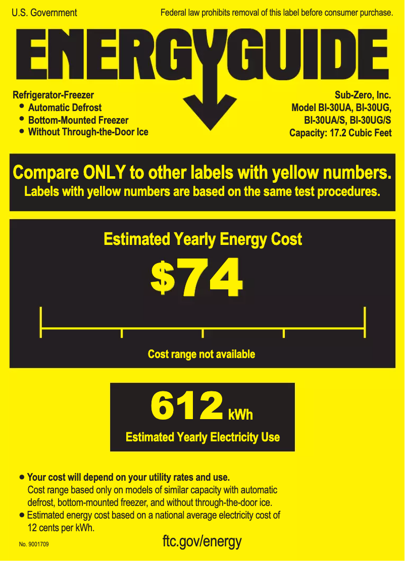 Page 1 de la notice Label énergétique Sub-Zero BI-30UG/O-RH