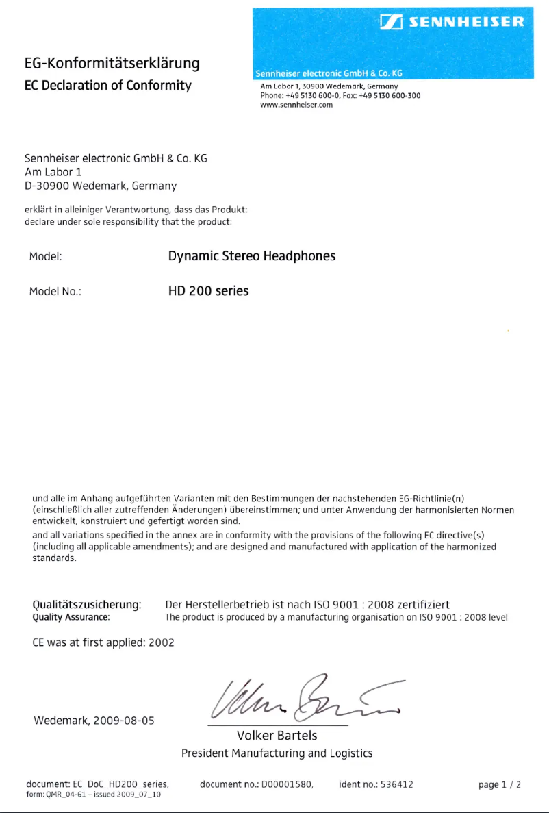 Page 1 de la notice Mode d'emploi Sennheiser HD 201