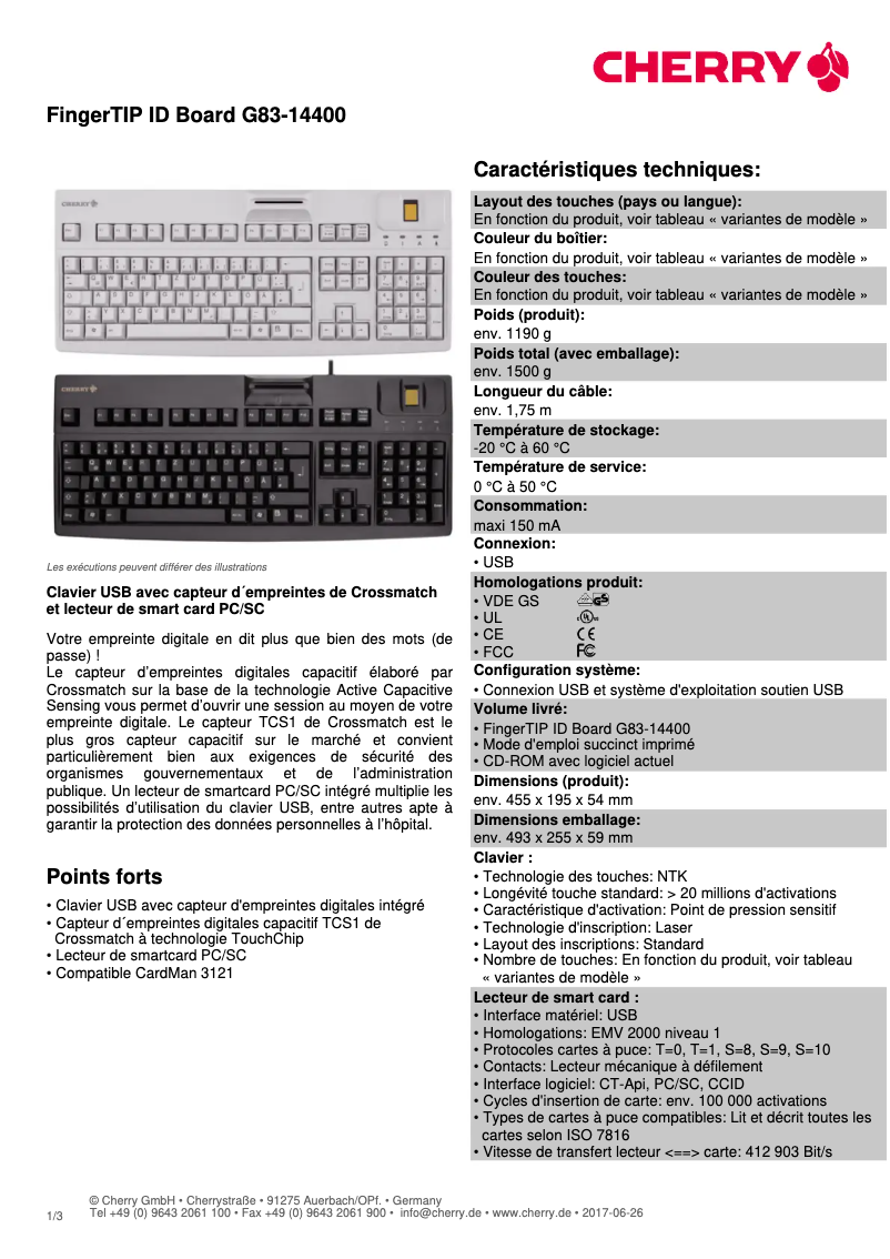 Page 1 de la notice Fiche technique Cherry FingerTIP ID Board G83-14400