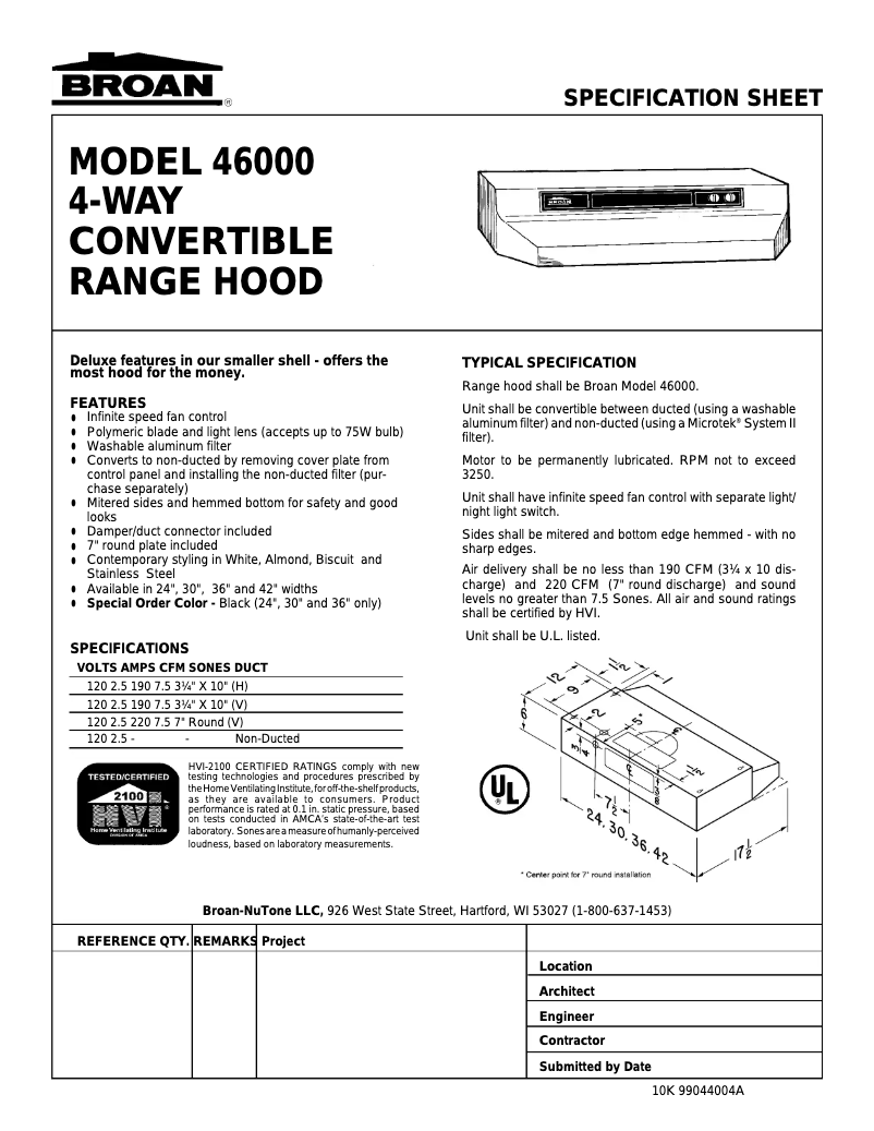 Page 1 de la notice Fiche technique Broan 464201