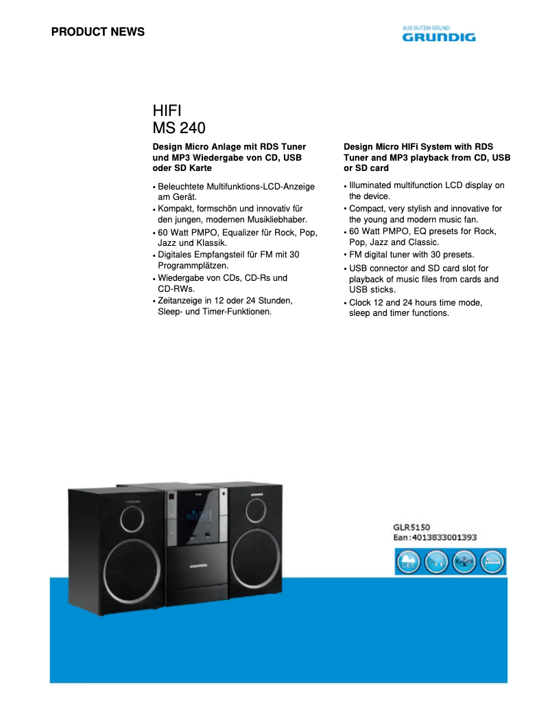 Page 1 of the manual Technical Sheet Grundig MS 240