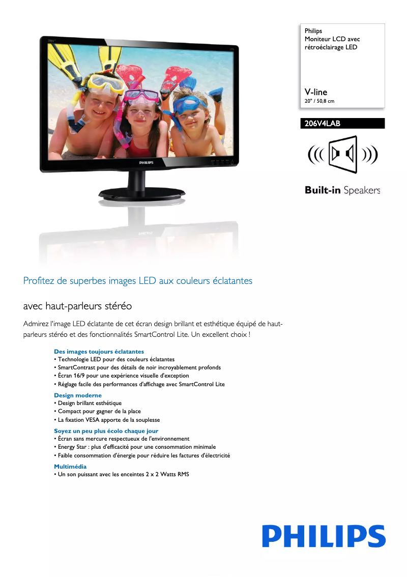 Page 1 de la notice Fiche technique Philips 206V4LAB