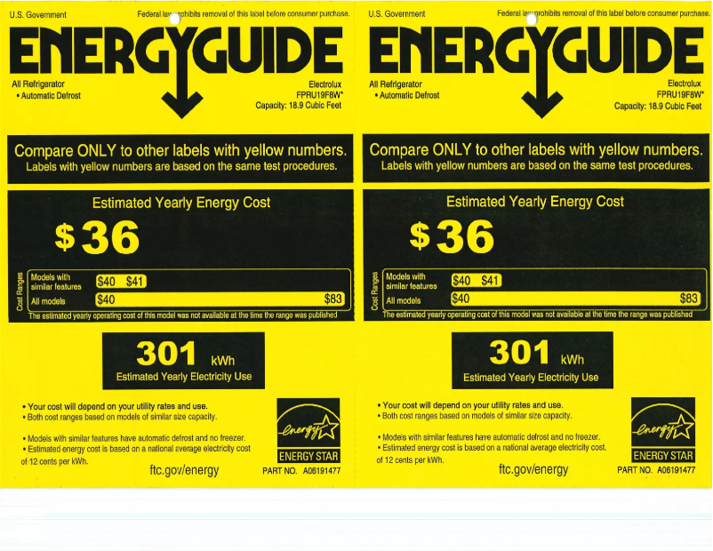Page n°1 - Label énergétique Frigidaire FPRU19F8WF
