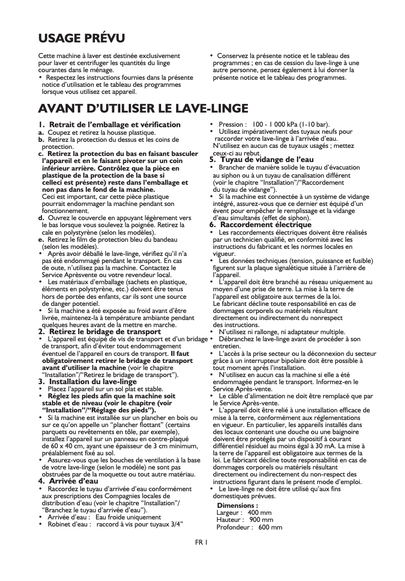 Page 1 de la notice Manuel utilisateur Whirlpool AWE 9765 GG