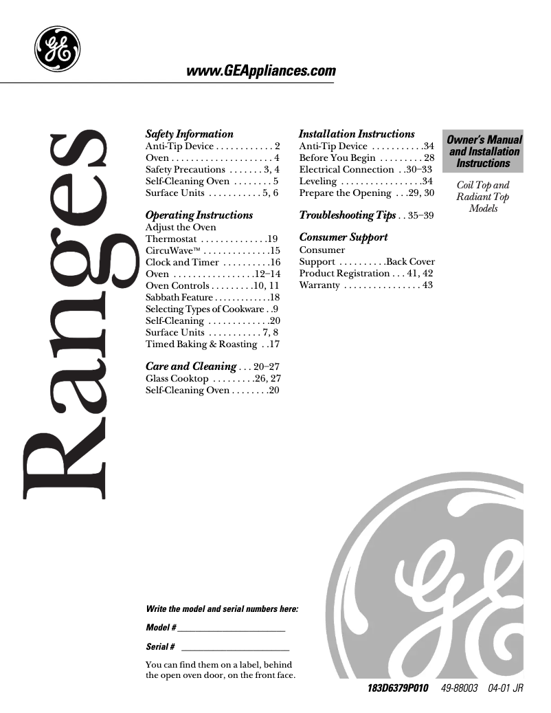 Page 1 de la notice Manuel d'utilisation et d'entretien GE JBP62BDCT