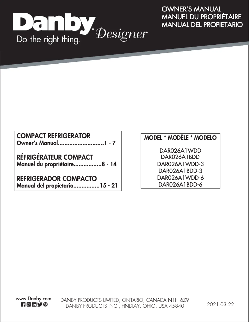 Page 1 de la notice Manuel utilisateur Danby DAR026A1BDD-3
