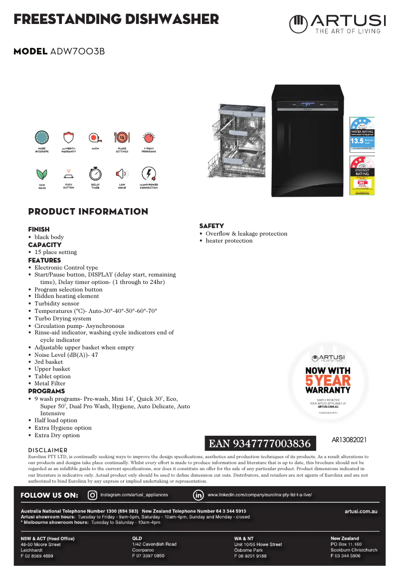 Page 1 de la notice Fiche technique Artusi ADW7003B