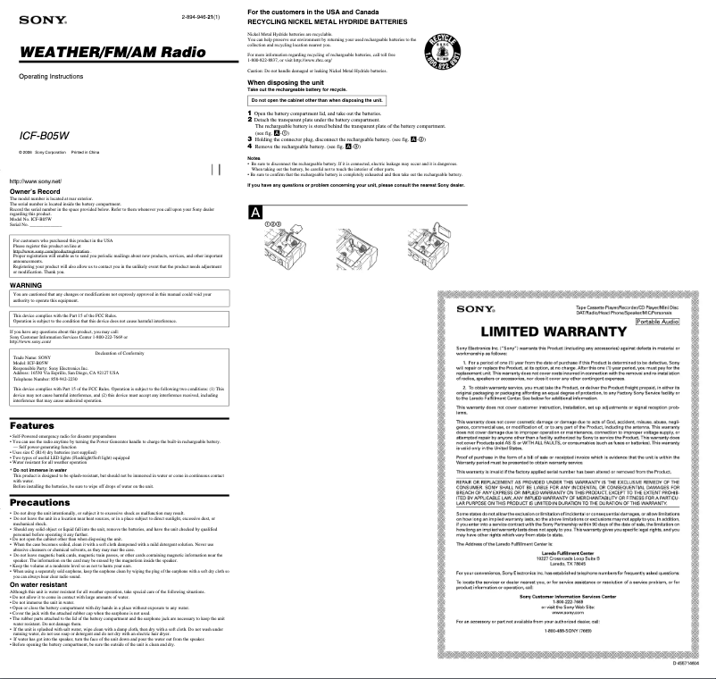 Image de la première page du manuel de l'appareil ICF-B05W