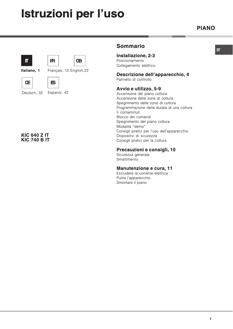 Page n°1 - Manuel utilisateur Hotpoint Ariston KIC 740 B IT
