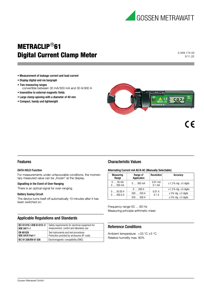 Page 1 de la notice Fiche technique Gossen Metrawatt METRACLIP 61