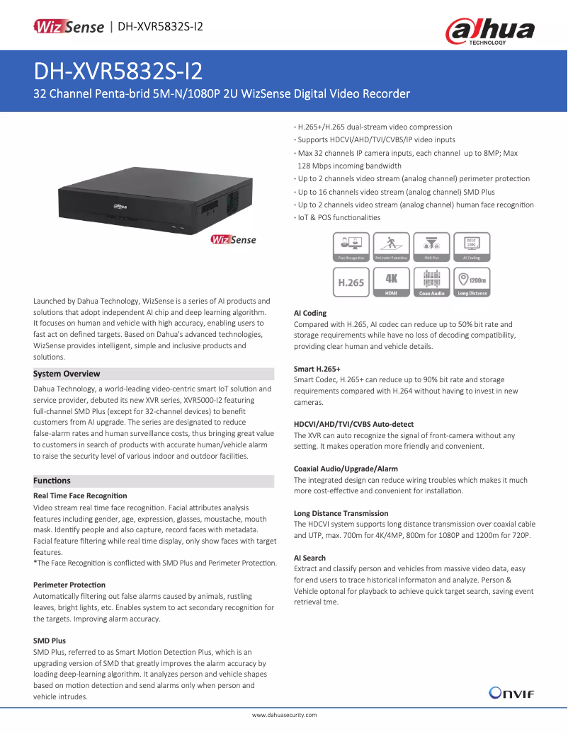 Page 1 de la notice Fiche technique Dahua Technology XVR5832S-I2