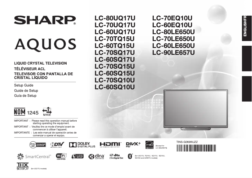 Image de la première page du manuel de l'appareil Aquos LC-60UQ17U