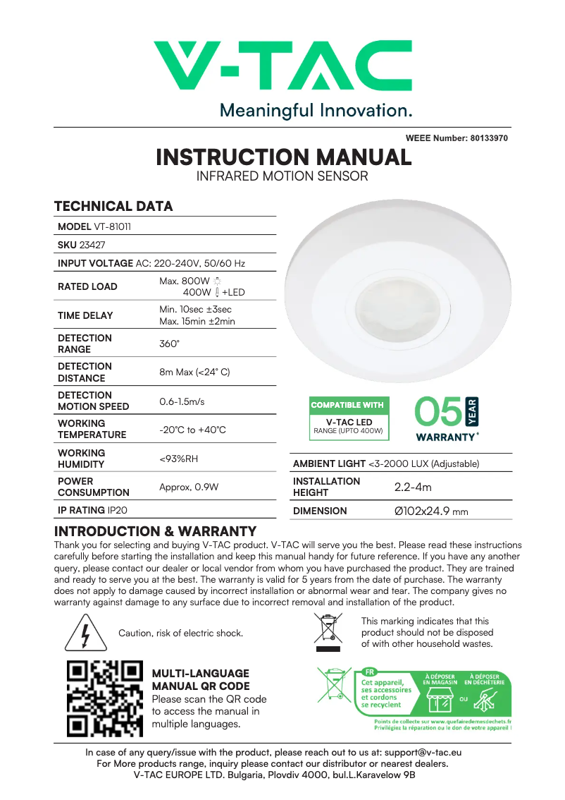 Page n°1 - Manuel utilisateur V-TAC VT-81011