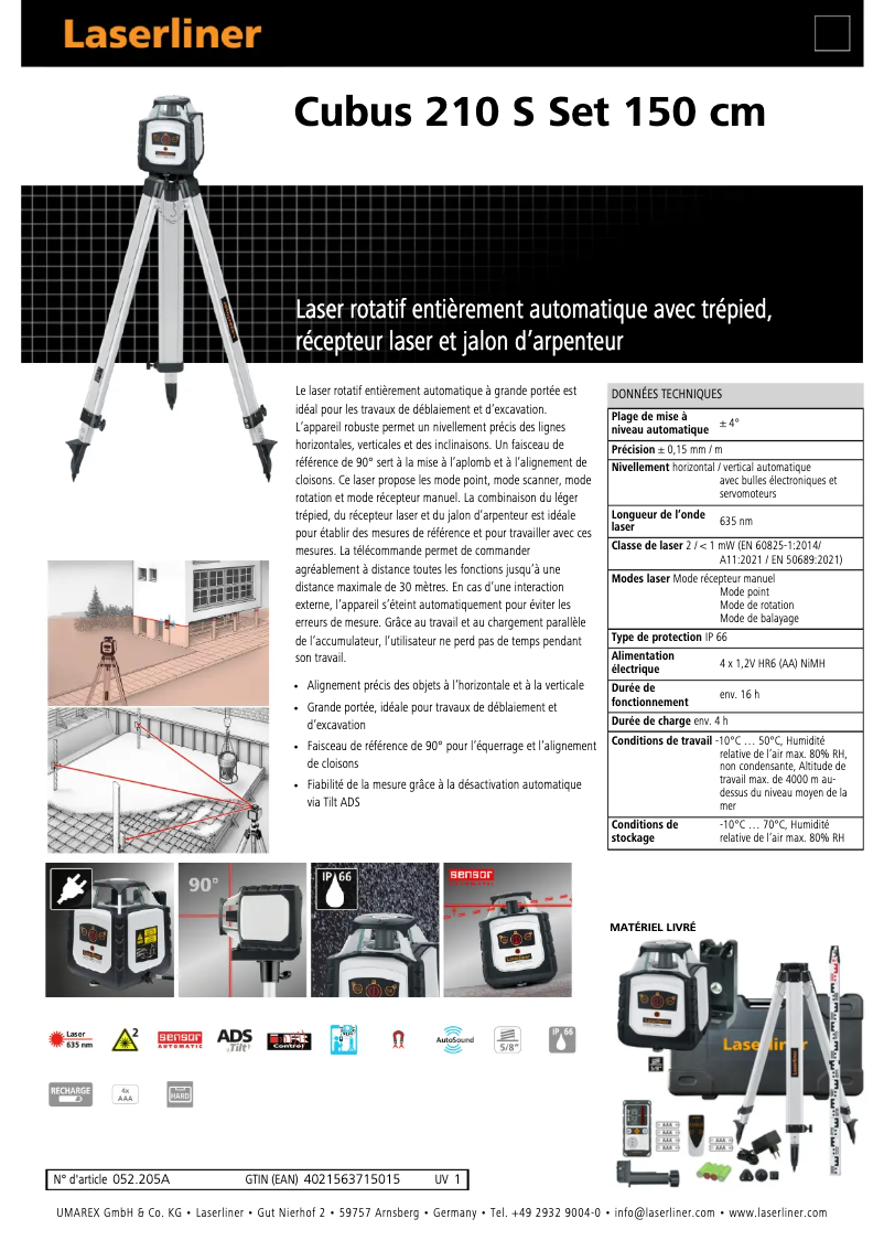 Page 1 de la notice Fiche technique Laserliner Cubus 210 S