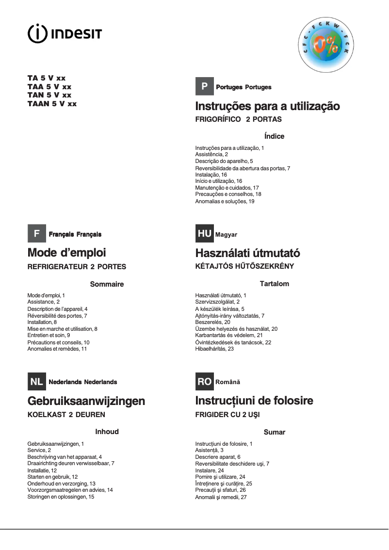 Page 1 de la notice Manuel utilisateur Indesit TAA 5
