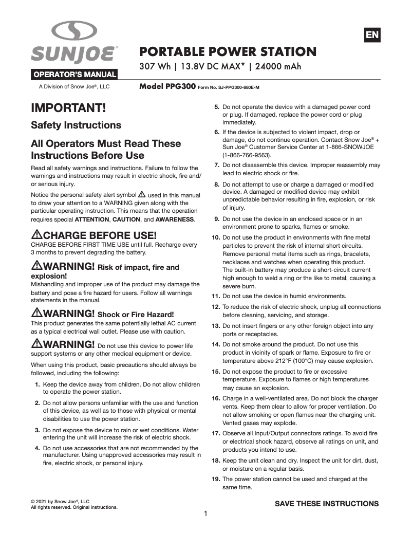 Page 1 de la notice Manuel utilisateur Sun Joe PPG300