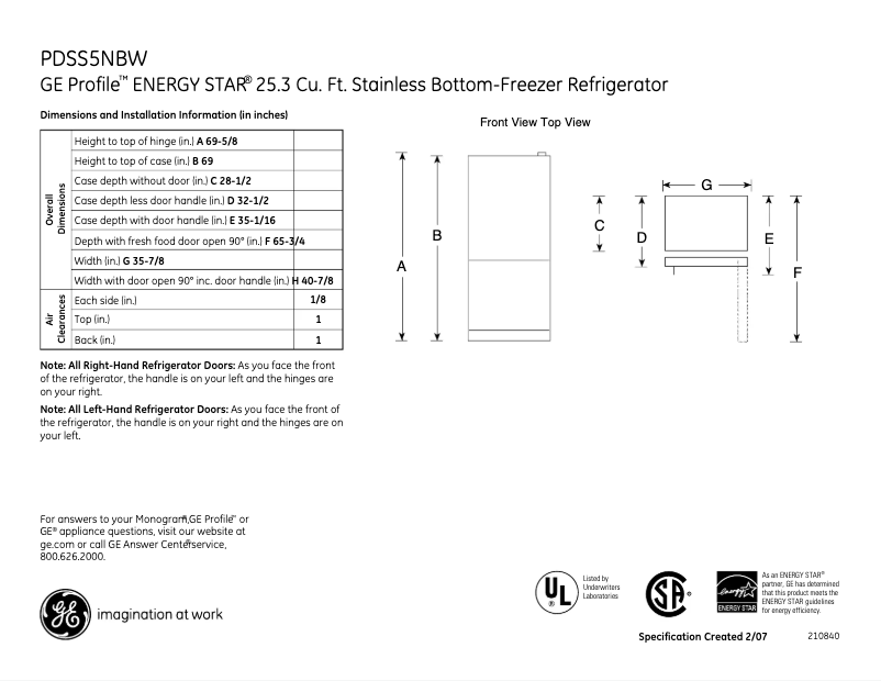 Page 1 de la notice Fiche technique GE Profile PDSS5NBWRSS