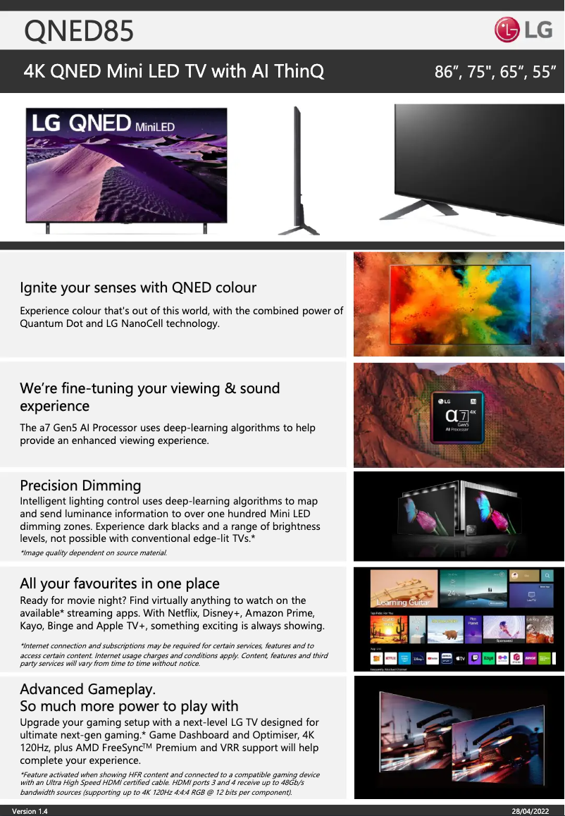 Page 1 de la notice Fiche technique LG 65QNED85SQA