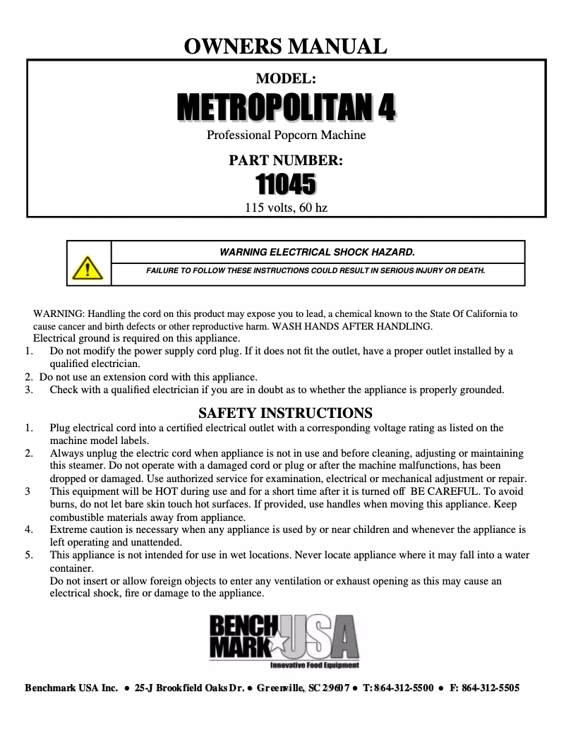 Page 1 de la notice Manuel utilisateur Benchmark USA Metropolitan4