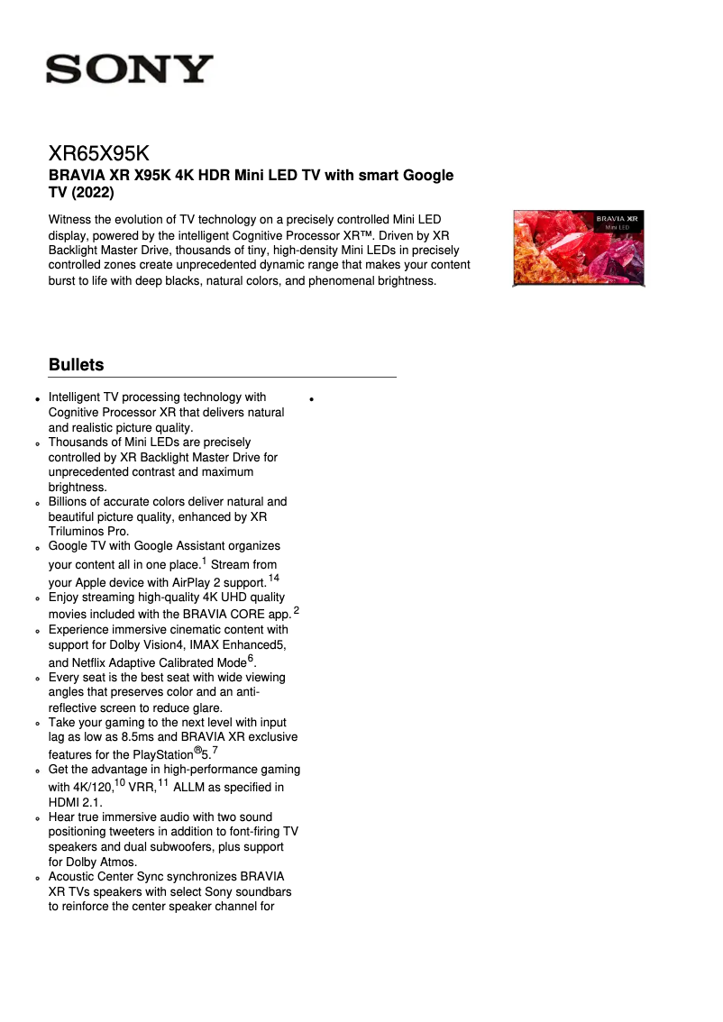 Page 1 de la notice Fiche technique Sony XR-65X95K