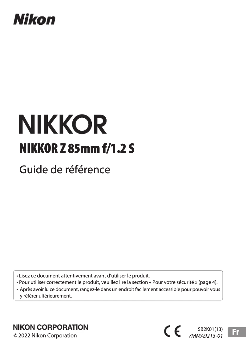 Page 1 de la notice Manuel utilisateur Nikon NIKKOR Z 85mm f/1.2 S