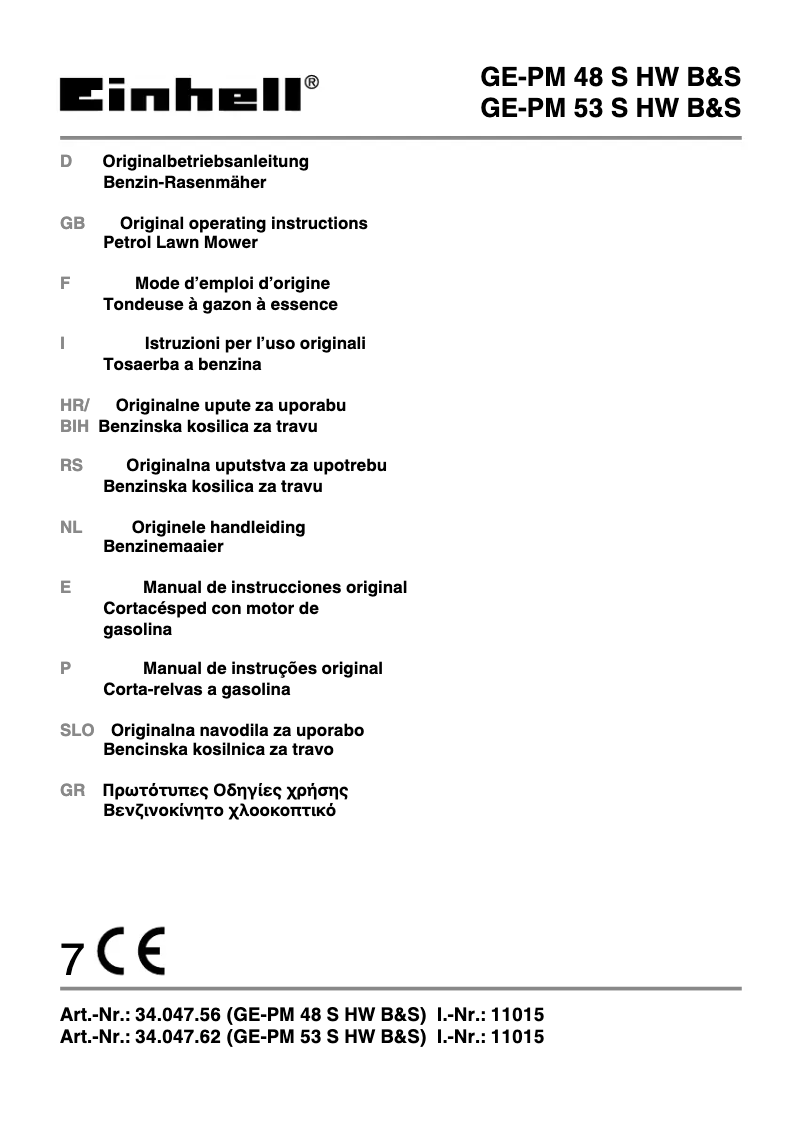Page 1 de la notice Manuel utilisateur Einhell GE-PM 48 S HW B&S