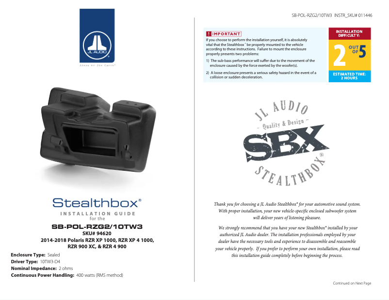 Page 1 de la notice Manuel utilisateur JL Audio Stealthbox SB-POL-RZG2/10TW3