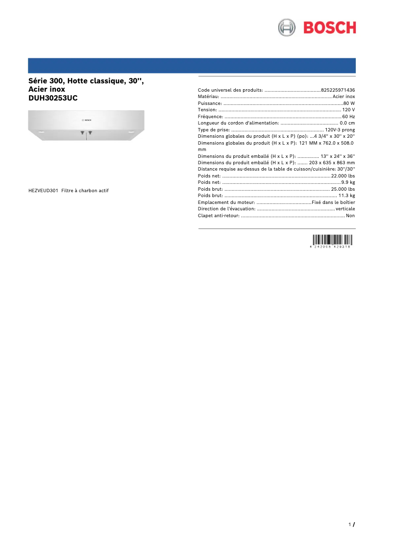 Página 1 del manual Ficha técnica Bosch DUH30253UC