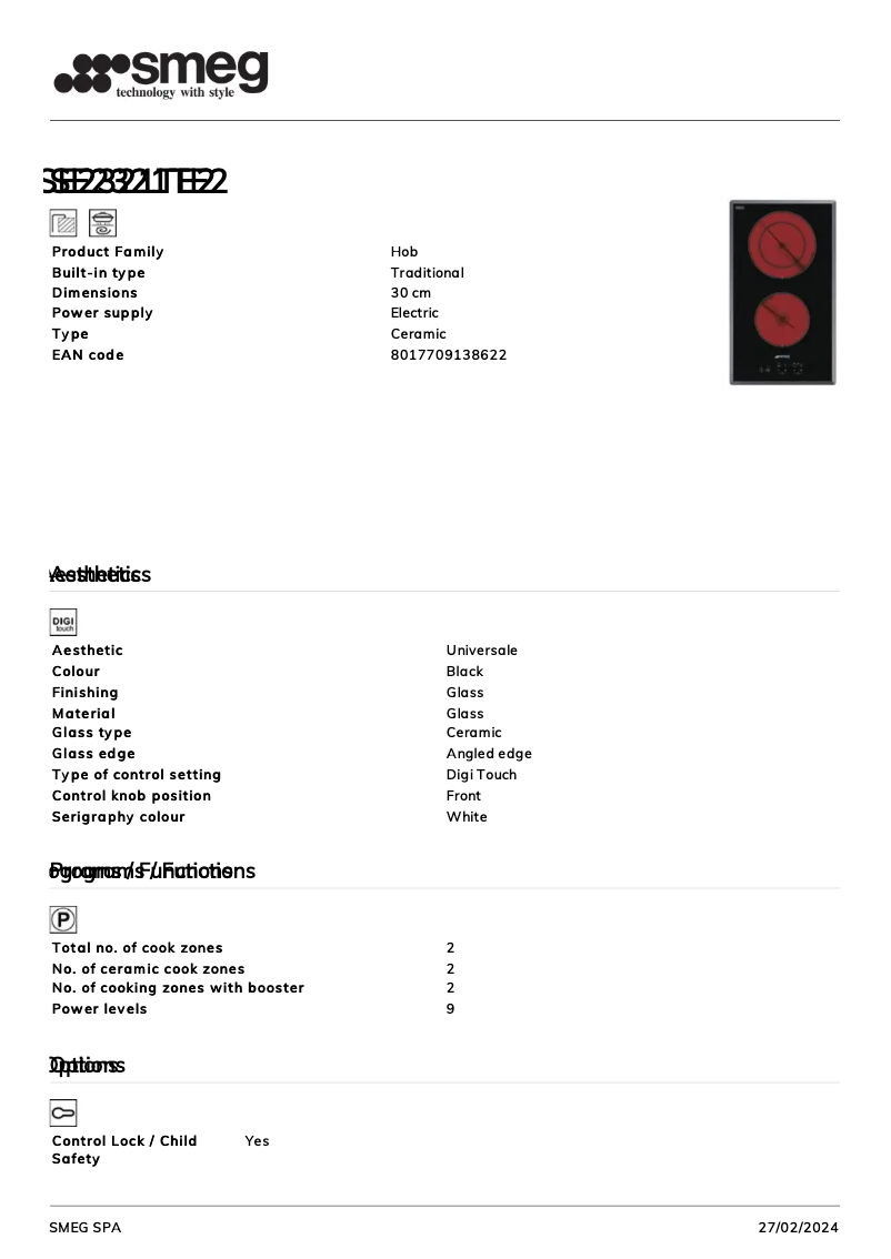 Page n°1 - Fiche technique Smeg SE2321TE2