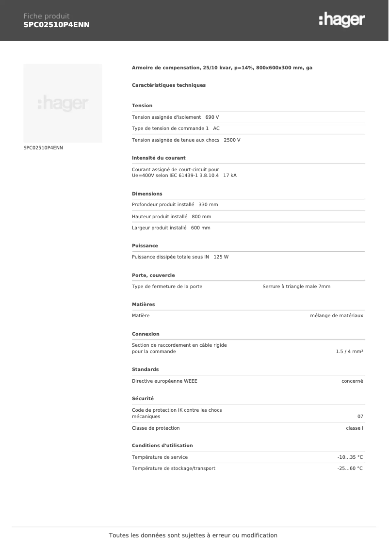 Page 1 de la notice Fiche technique Hager SPC02510P4ENN