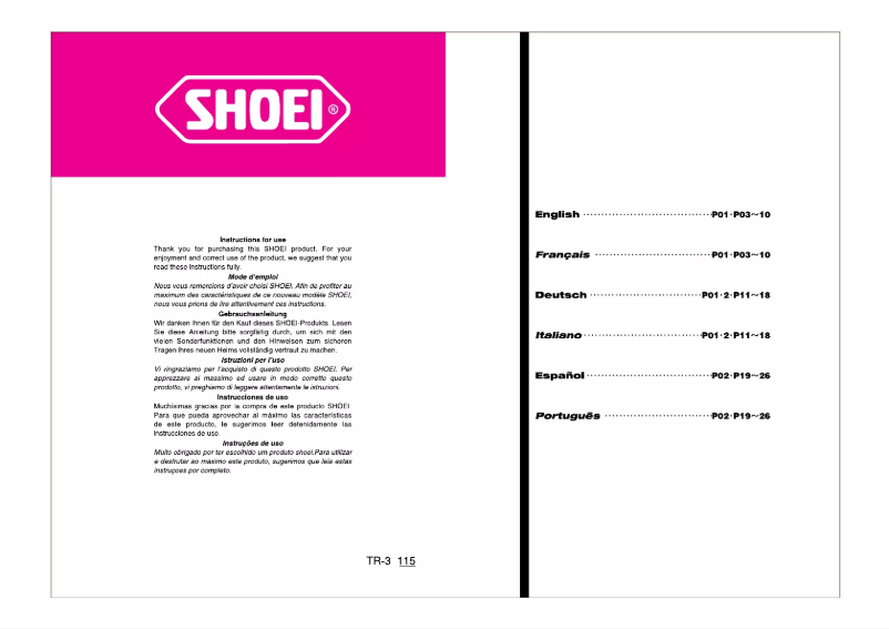 Page n°1 - Manuel utilisateur Shoei TR3