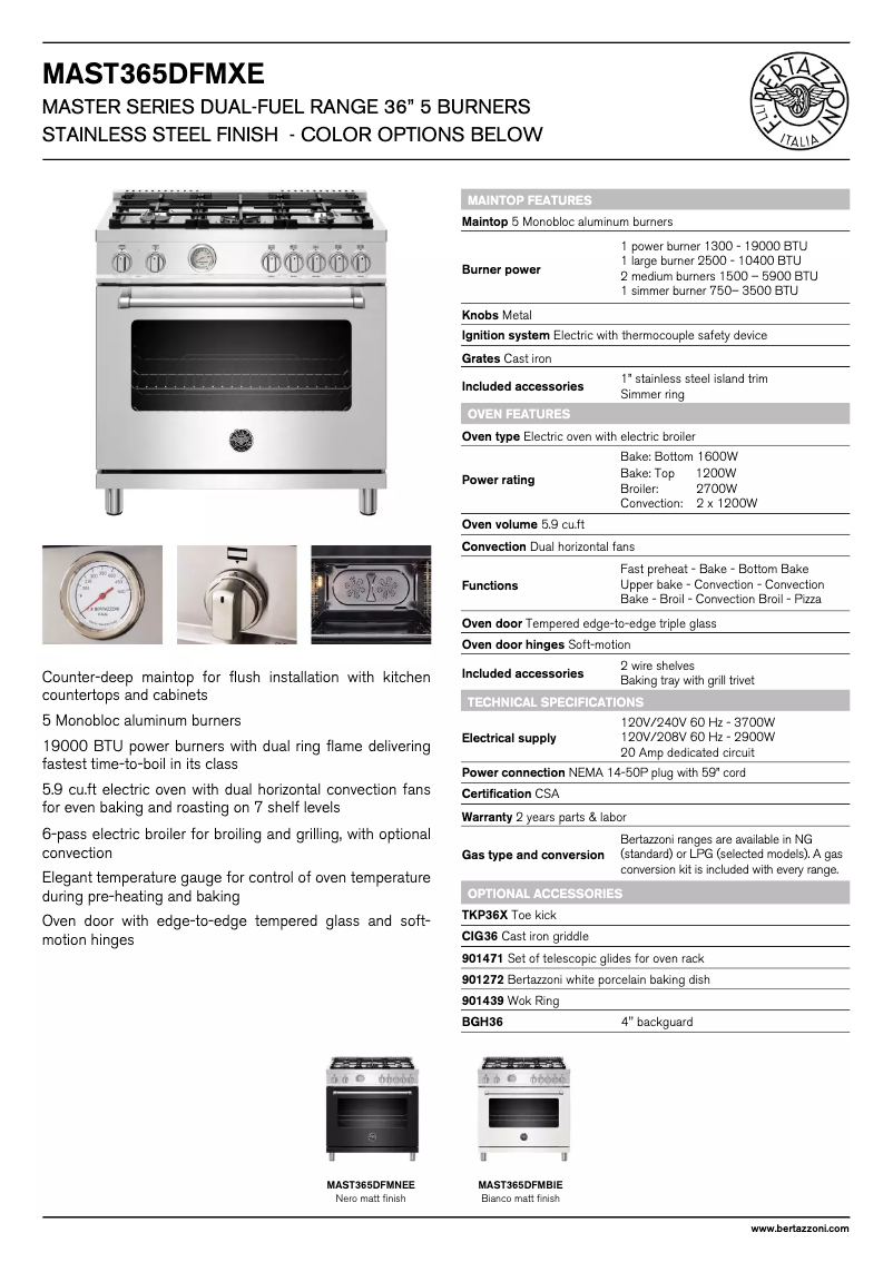 Page 1 de la notice Fiche technique Bertazzoni MAST365DFMBIE
