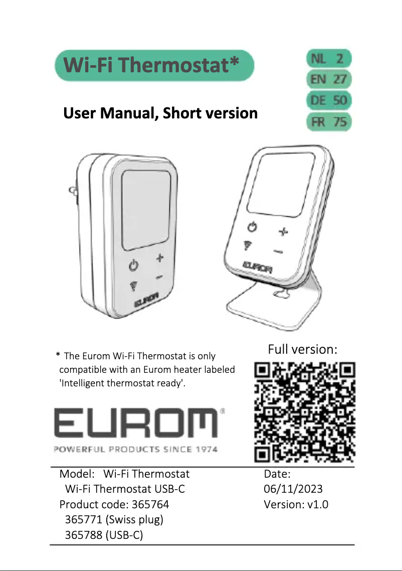 Página 1 del manual Manual de usuario Eurom Wifi Thermostat USB-C