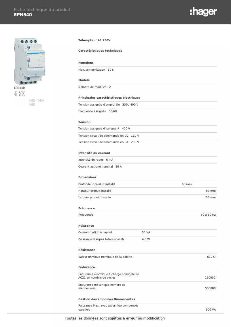 Page 1 de la notice Fiche technique Hager EPN540