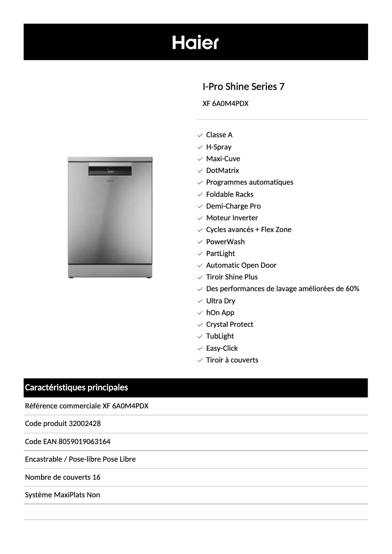Page 1 de la notice Fiche technique Haier XF 6A0M4PDX