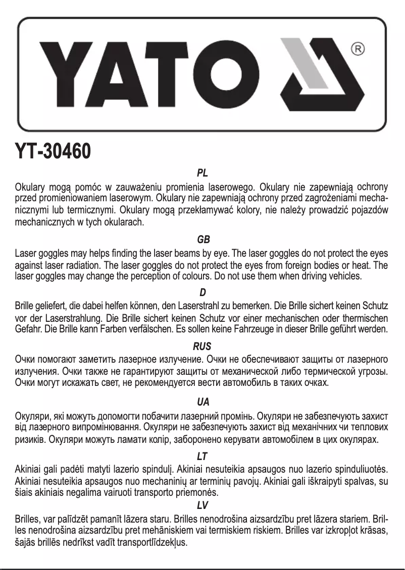 Page n°1 - Manuel utilisateur Yato YT-30460