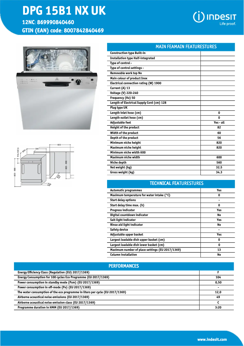 Page n°1 - Fiche technique Indesit DPG 15B1 NX UK