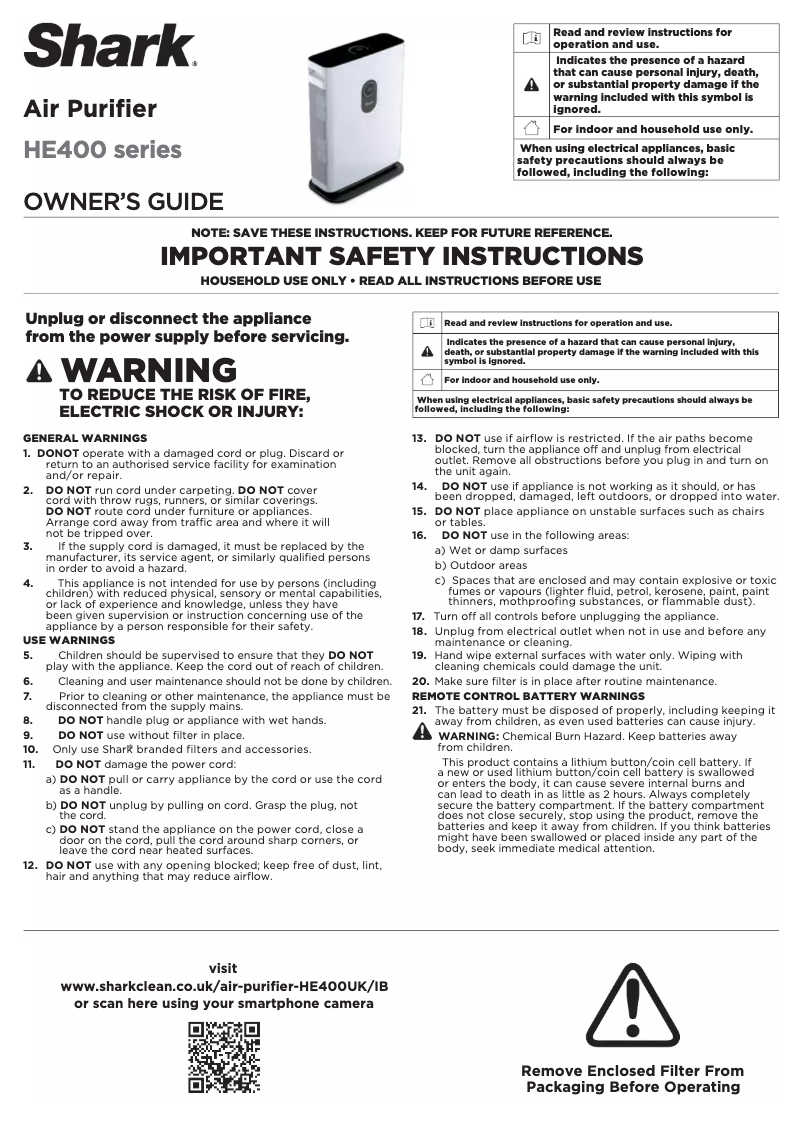 Page 1 de la notice Manuel utilisateur Shark HE400