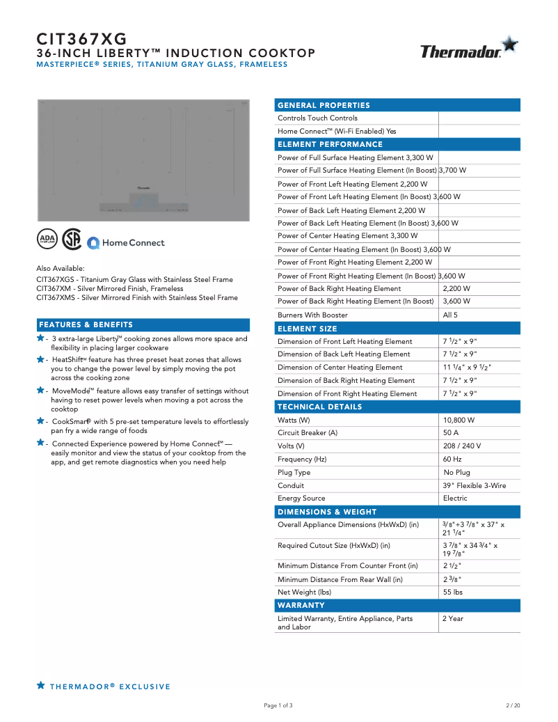 Page 1 de la notice Fiche technique Thermador CIT367XG