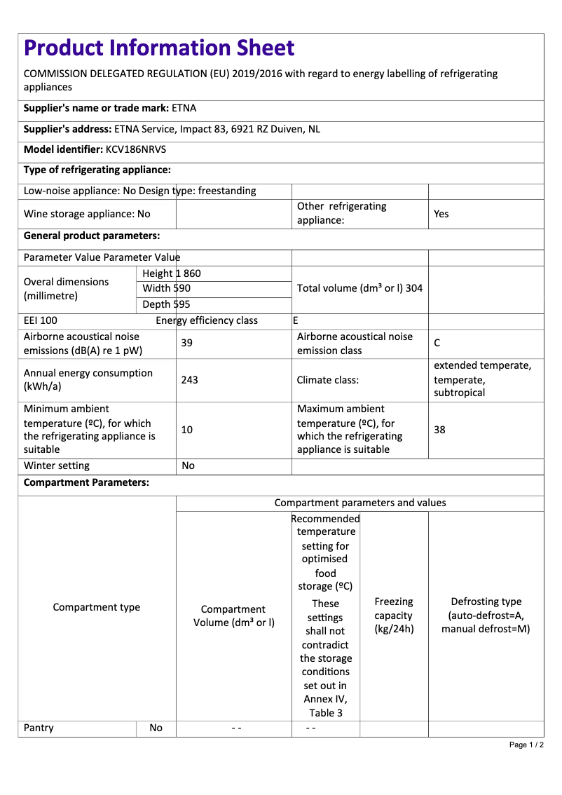 Page 1 de la notice Fiche technique Etna KCV186NRVS