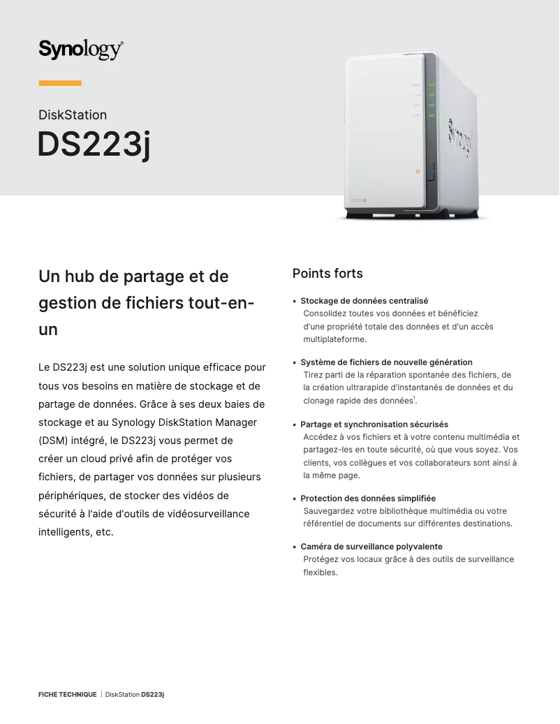 Page 1 de la notice Fiche technique Synology DS223j