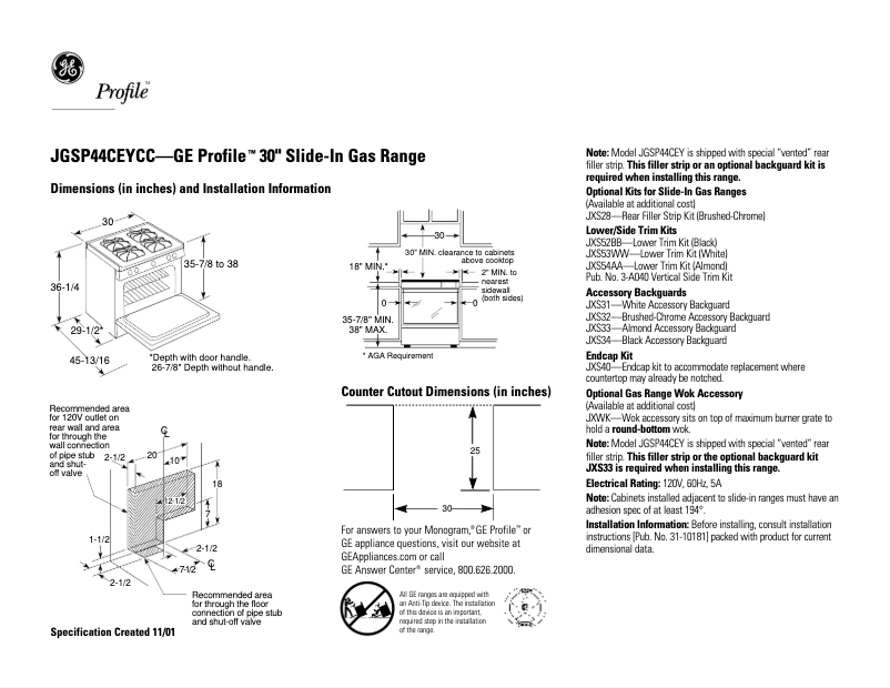 Page n°1 - Fiche technique GE Profile JGSP44CEYCC