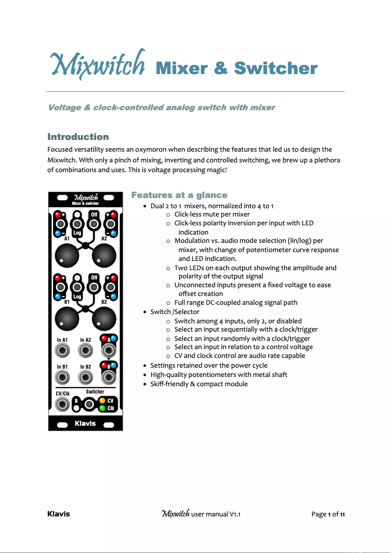 Page n°1 - Manuel utilisateur Klavis Mixwitch