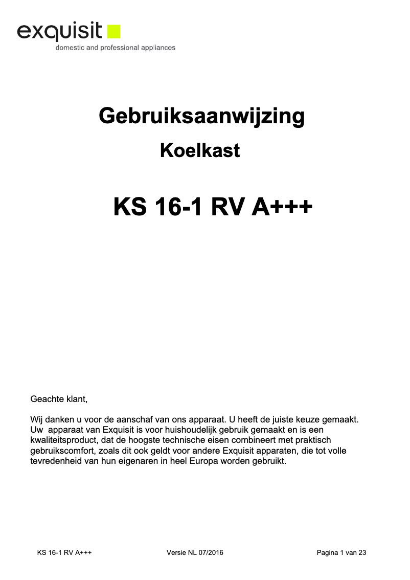 Page 1 de la notice Mode d'emploi Exquisit KS16-1RVA+++